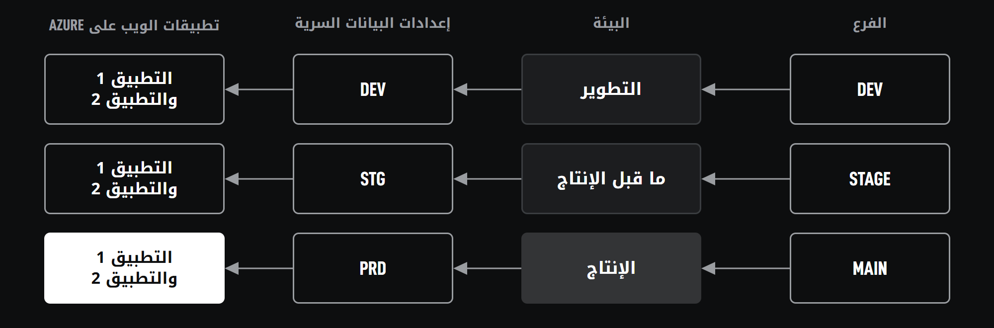 الفرع والبيئة وإعدادات البيانات السرية وتطبيقات الويب المنشورة